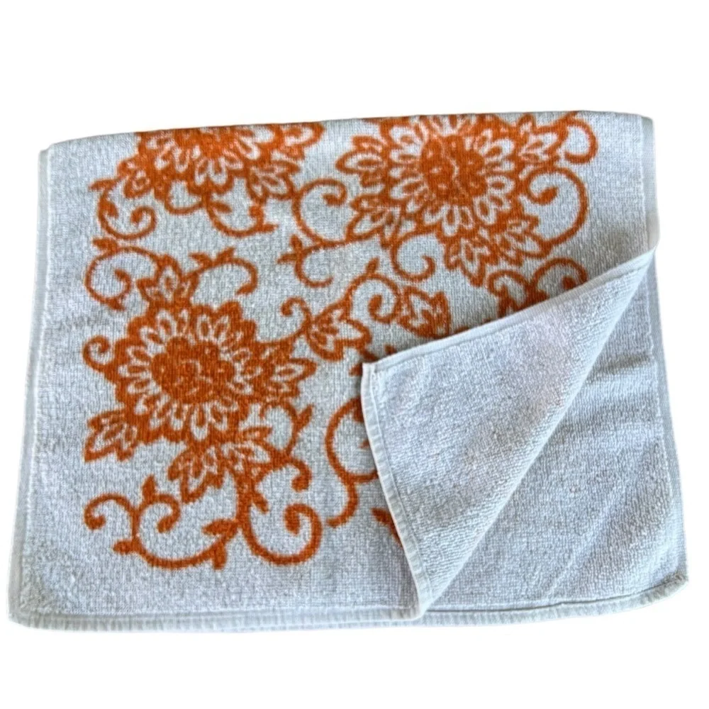 Vintage MCM Screen Prints by Sayco 2 Piece Towel Set White Orange Floral USA